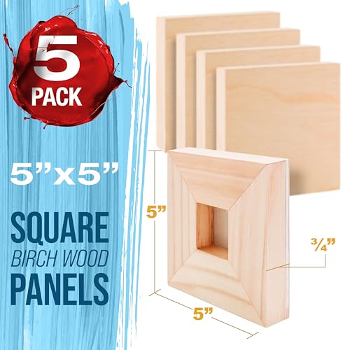 U.S. Art Supply 05" x 05" Unfinished Cradled Wood Panels for Painting, Studio 3/4" Deep (5 Pack) - Artist Depth Birch Wooden Wall Canvases - Mixed-Media Craft, Acrylic, Oil, Encaustic, Paint Pouring - size: 5" X 5", style: Square