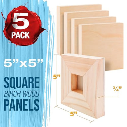 U.S. Art Supply 05" x 05" Unfinished Cradled Wood Panels for Painting, Studio 3/4" Deep (5 Pack) - Artist Depth Birch Wooden Wall Canvases - Mixed-Media Craft, Acrylic, Oil, Encaustic, Paint Pouring - size: 5" X 5", style: Square