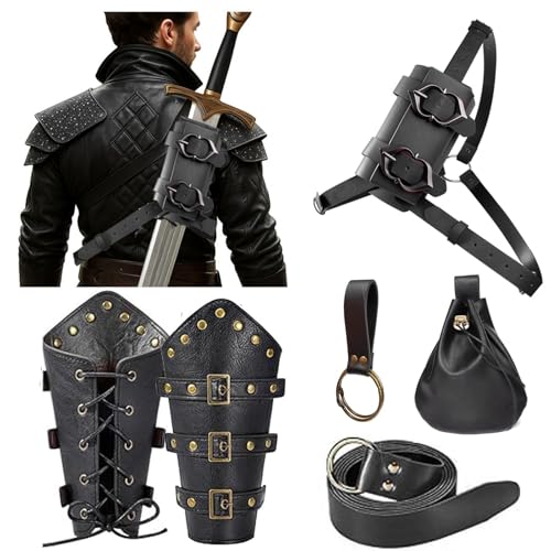 Medieval Back Sword Frog Holder Bracers Belt and Belt Pouch Viking Warrior Costume Renaissance Accessory Cosplay Props - color: Black