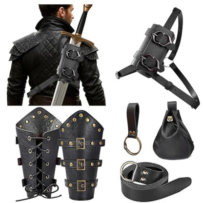 Medieval Back Sword Frog Holder Bracers Belt and Belt Pouch Viking Warrior Costume Renaissance Accessory Cosplay Props - color: Black