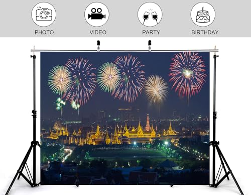 10x10ft Bright Fireworks Display Backdrop Night Photography Background for New Year Celebration and Party Decorations Tapestry Photo Booth Props - size: 10x10ft