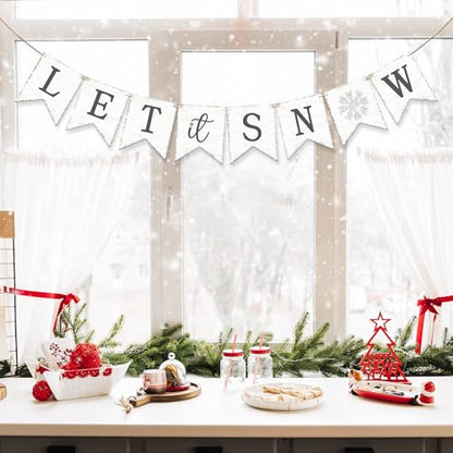 Let It Snow Banner Garland, No DIY Wooden Christmas Banner for Mantle Fireplace Wall, Rustic Let It Snow Christmas Decorations for Home, Winter Wonderland Party Decorations