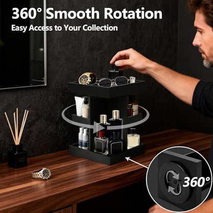 Cologne Organizer for Men, 3-Tier Rotating Perfume Stand - Large Capacity Wooden Display Shelf & Storage for Fragrance, Watch, Sunglasses - Modern Desk, Dresser Top, Bathroom Organizer - Birthday Anniversary Ideal Gift for Husband, Boyfriend, Father