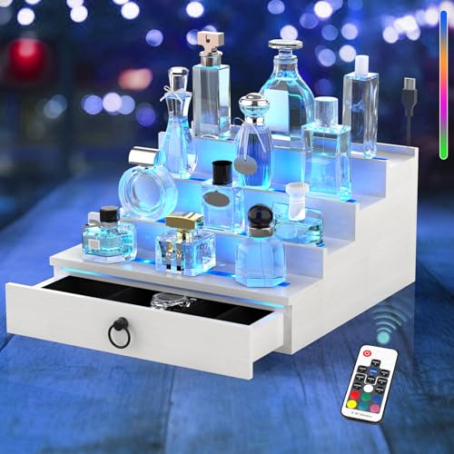 LED Lighted Cologne Organizer for Men, 4 Tier Wood Perfume Organizer with Velvet Lined Drawer, Multi Lighting Modes Perfume Display Holder with Remote Control, Cologne Shelf Stand, Nice Gift for Men - color: Elegant White-4 Tier