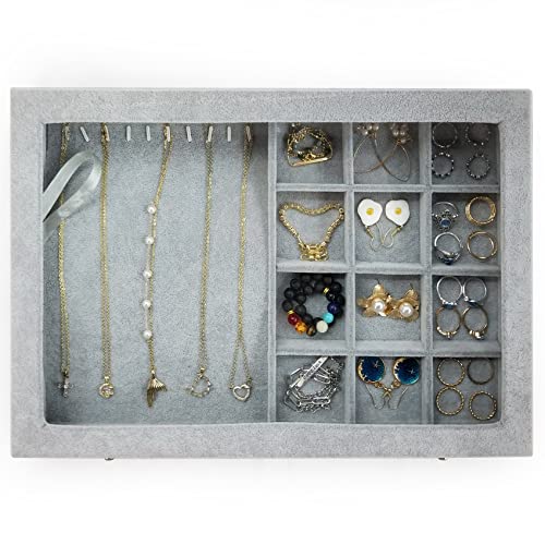 Ice Velvet Jewelry Box Display Case with a Clear Glass Window,10 Hooks Necklace Organizer Box and 12 Grids for Earrings Rings Storage Grey - color: 12 Grids & 10 Necklace Hooks