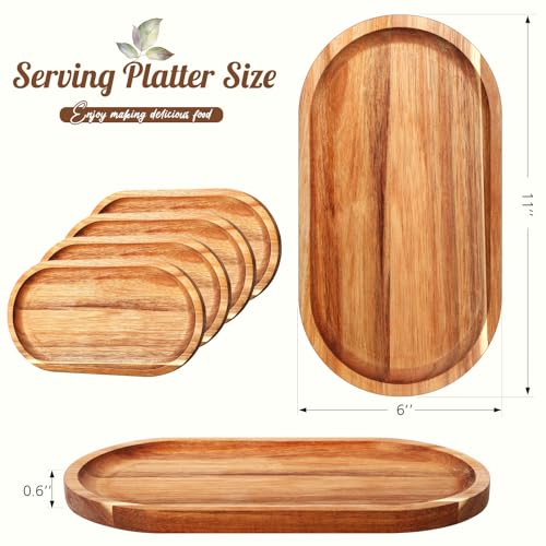 Yaomiao 4 Pcs Acacia Wooden Serving Tray Oval Shaped Rustic Wood Plates Large Decorative Natural Tray Serving Platter for Food Charcuterie Cheese Dish Bread Fruit Kitchen(11 x 6 Inch) - size: 11 x 6 Inch