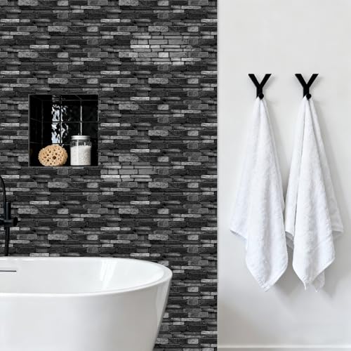 3D Textured Peel and Stick Backsplash Tiles - 20 Sheets 9.69"x4.72" Waterproof Self-Adhesive Tile for Kitchen, Bathroom - Black - color: Black