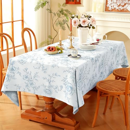 Chassic Premium Vintage Farmhouse Damask Floral 52 x 70 inch Rectangle Table Cloth – Water Resistant Linen Textured Jacquard Tablecloth for Kitchen Dining & Picnic Decor - Blue - color: Blue Flower, size: 70" x 52" (Rectangular)