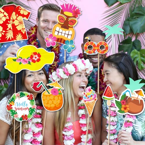 36pcs Beach Pool Photo Booth Props,Funny Hawaiian Luau Selfie Props,Summer/Tropical Tiki/Aloha Party Decoration Supplies Photobooth Kit