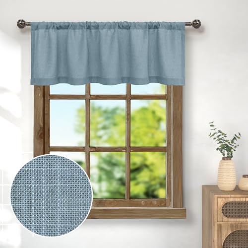 Pitalk Farmhouse Kitchen Valance for Windows Burlap Light Blue Linen Sheer Valance Curtain for Living Room Bathroom Laundry Rustic Country Blue Cafe Curtain Small Boho Decor 18 inch Length Stone Blue - color: Stone Blue