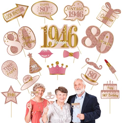 Kuxriox 21Pcs 80th Birthday Photo Booth Props for Women, Pink Rose Gold Vintage 1946 80 Birthday Selfie Props Kit with Sticks Party Supplies Favors, Happy Eighty Bday Photo Props Decor