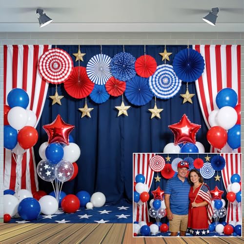 5 x 3 ft 4th of July Backdrop Red Blue Curtain Balloon American Independence Day Holiday Decorations Background 250th Anniversary Theme Activity Party Banner Photo Booth Studio Props - color: Multi1, size: 5x3ft