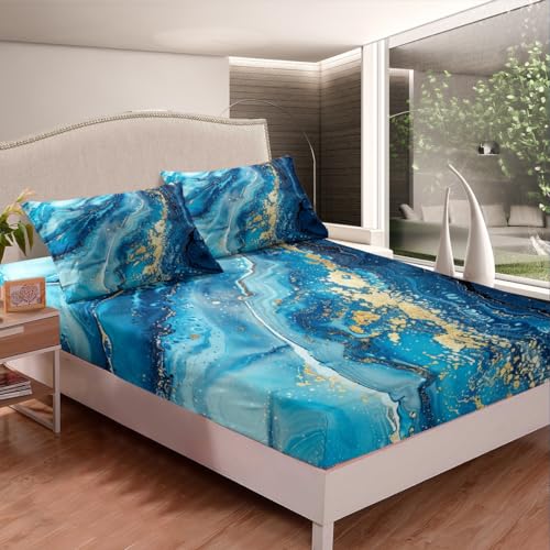 Erosebridal Blue Marble Fitted Sheet, Stone Pattern Fluid Bedding Set Twin for Kids Boys Teens Adult,Gold Glitter Abstract Marbling Bed Sheets Metallic Marble Texture Sheets,1 Pillow Case - color: Aqua Blue Gold, size: Twin