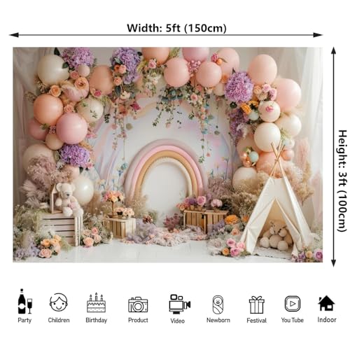 Newborn Baby 1st Birthday Photography Backdrop - Balloons Tent Flower Decor Background for Kids Birthday Party Baby Shower Portrait Cake Smash Props (5x3ft) - size: 5x3ft