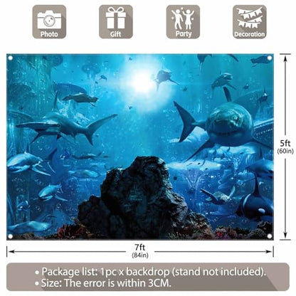 Fabric 7x5ft Shark Theme Photography Backdrop Underwater Deep Ocean Animals Fish Background Aquarium Kids Party Decorations Photo Banner Props - size: 7'x5'