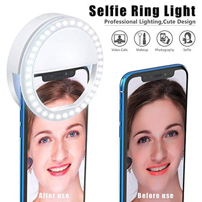 Meifigno Selfie Ring Light, [Rechargeable] with 36 LED Lights, 3-Level Adjustable Brightness Clips On Phone Ring Light Compatible with iPhone 16 15 14 13 12 11 Plus Pro Max iPad Laptop Samsung, White