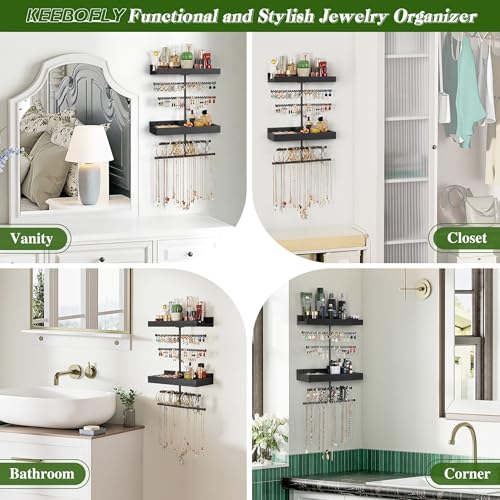 Keebofly Wall Mounted Jewelry Organizer with 2 Tired Shelves & Ring Holder- Jewelry Holder Wall Storage Display for Earrings, Necklace, Bracelet in Bathroom Bedroom, Black - color: Black with 2-Tiered Shelf and Ring Holder