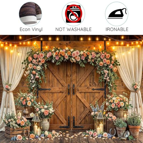 5x3ft Western Wedding Backdrop Rustic Barn Door Photography Backdrop Farmhouse Pink Flower Cabin Wooden Birthday Baby Shower Country Anniversary Bridal Party Banner Photo Booth Props Background - color: Multi90, size: 5X3FT