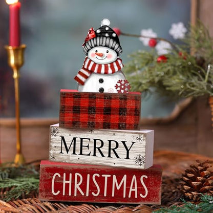 Lineshading 4 Pcs Winter Table Decoration Wooden Snowman Christmas Tiered Tray Decor Red Buffalo Plaid Block Signs Snowman Table Centerpiece Farmhouse Winter Decoration for Home Kitchen Shelf - style: Christmas Snowman