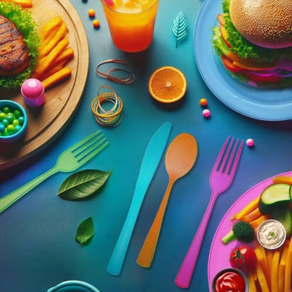 Party Essentials Heavy-Duty Hard Plastic Cutlery Combo Pack, 288 Pieces/96 Place Settings, Assorted Neon Brights - size: 288 Pieces/96 Place Settings