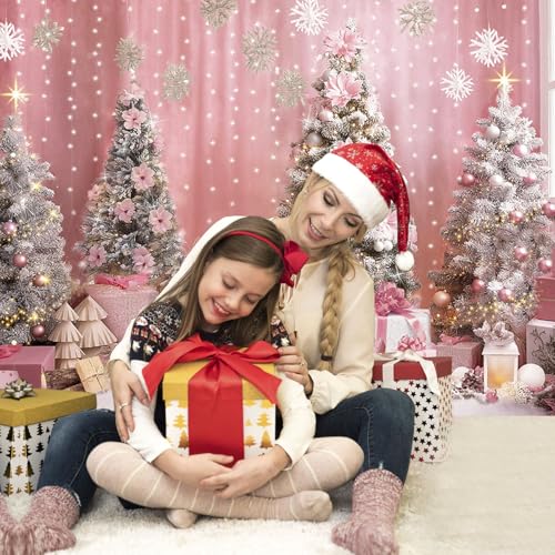Mocsicka 7x5ft Pink Christmas Backdrop Snowflake Xmas Tree Interior Room Photography Backdrop Background Family Kids Merry Christmas Holiday Party Decorations Photo Booth Props