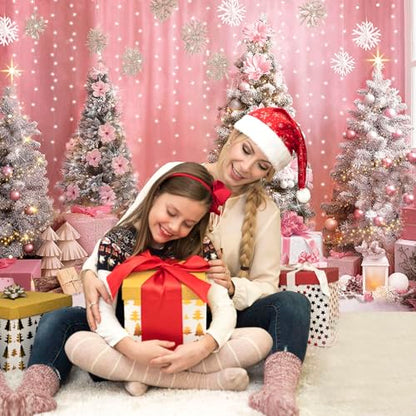 Mocsicka 7x5ft Pink Christmas Backdrop Snowflake Xmas Tree Interior Room Photography Backdrop Background Family Kids Merry Christmas Holiday Party Decorations Photo Booth Props
