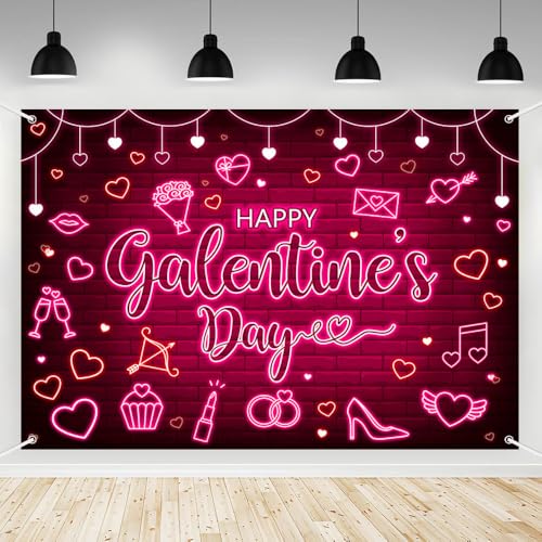 AIBIIN 7x5ft Galentines Day Backdrop Pink Neon Happy Galentines Day Banner Decorations for Girls Happy Galentine's Party Decorations Backdrop Photography for Lady Photo Booth Props - color: Red