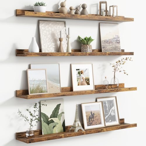 FLYJOE Floating Picture Ledge Shelves for Wall Set of 4, 36 Inch Wall Shelves with Lip Long Large Nursery Book Shelf for Toys Storage Kids Bookshelf Wall Mounted Living Room Bedroom Decor Frames - color: Brown, size: 36'', Set of 4