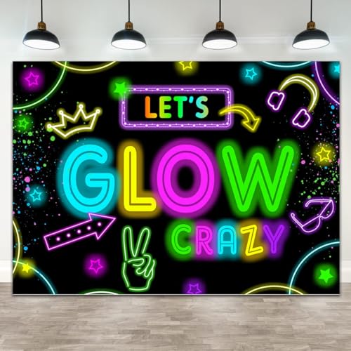 Neon Glow Party Decorations Supplies Backdrop 7x5ft Glow in The Dark Let’s Glow Banner Photography Background Birthday Sleppover Graffiti Splash Paint Black Light Kids Photo Booth - size: 7x5ft