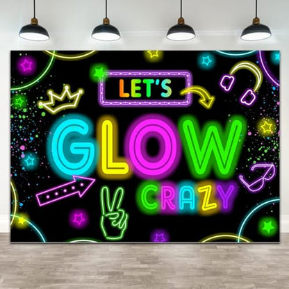 Neon Glow Party Decorations Supplies Backdrop 7x5ft Glow in The Dark Let’s Glow Banner Photography Background Birthday Sleppover Graffiti Splash Paint Black Light Kids Photo Booth - size: 7x5ft