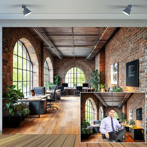 15 x 10 ft Office Backdrop for Video Conference Retro Business Interior Interior Brick Wall Photography Background Virtual Home Office Photoshoot Portrait Photo Studio Props - color: Brown, size: 15X10FT