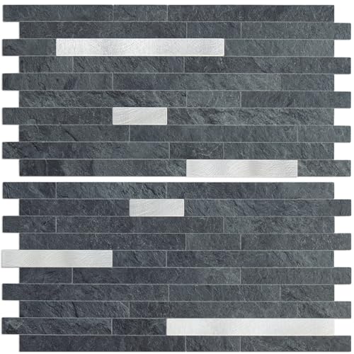 AULIGET 2 Sheets Black Slate Peel and Stick Backsplash, PVC Mixed Metal Silver Wall Tile Stick on Backsplash for Kitchen and Bathroom - color: Black Slate + Metal Silver, size: 2 Sheets, 6"x12"x0.12"