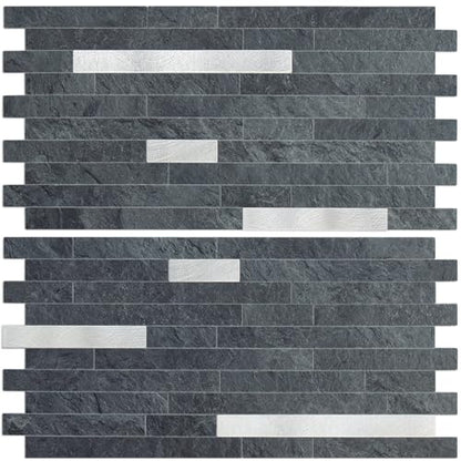 AULIGET 2 Sheets Black Slate Peel and Stick Backsplash, PVC Mixed Metal Silver Wall Tile Stick on Backsplash for Kitchen and Bathroom - color: Black Slate + Metal Silver, size: 2 Sheets, 6"x12"x0.12"