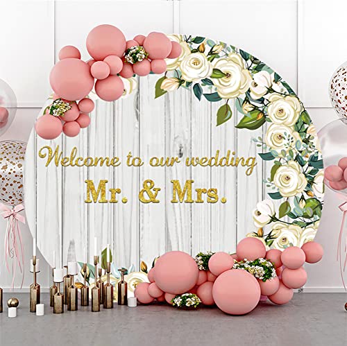 Yeele 6x6ft Mr & Mrs Wedding Round Backdrop Wooden Texture White Rose Floral Photography Background Bride and Groom Engaged Ceremony Anniversary Bridal Shower Party Supplies Photo Booth Props - size: 6x6ft-Diameter