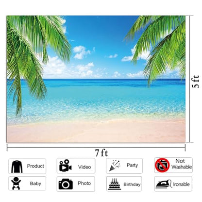 Summer Tropical Beach Photography Backdrops Seaside Island Palm Trees Photo Blue Sky White Clouds Background for Hawaii Pool Party Luau Theme Decoration Studio Props Banner (7x5 FT) - size: 7x5 FT