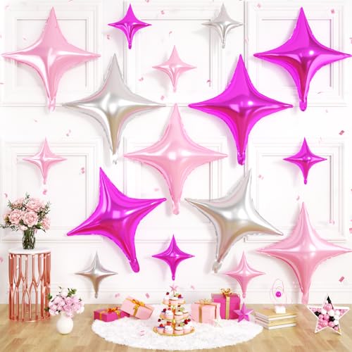 Pink Silver Star Balloons, 16 PCS Silver Four Angle Star Foil Balloons, 26 Inch and 10 Inch Pink Stars Shaped Balloon for Graduation Birthday Baby Shower Anniversary Engagement Party Decorations - color: Hot Pink Silver