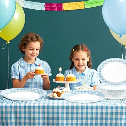 50PCS Light Blue Gingham Paper Oval Plates 10" X 12" Disposable Light Blue and White Gingham Party Plates Disposable Heavy Duty Checkered Plaid Dinnerware for BBQ Gathering Picnic Baby Shower Birthday - style: Blue Gingham Oval Kit