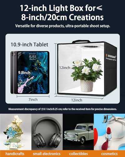 DUCLUS Light Box Photography, 12"x12" Photo Booth Box with 120 LED Lights Dimmable & CRI＞95, Portable Lightbox with 8 Backdrops for Mini Product Photography: Jewelry, Cards, Watches - size: 12*12 Inch