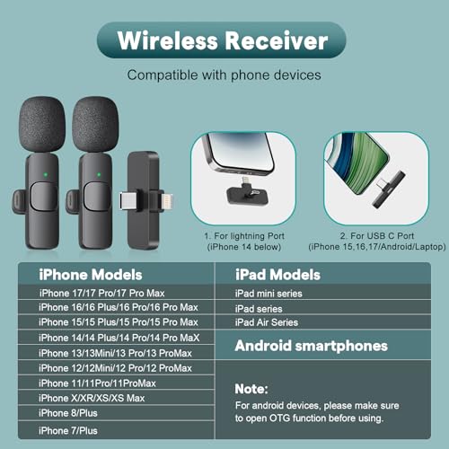 MAYBESTA Wireless Mini Microphone for iPhone, Android Phone - 2 Pack Lavalier Lapel Mic for Audio Video Recording - Clip on Content Creator Microphones for YouTube Tiktok Podcast Vlogging - color: Black(All iPhones & Androids)