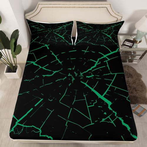 jejeloiu Green Black Marble Fitted Sheet Twin Size Kids Modern Marble Aesthetic Bed Sheets Set for Boys GirlsRetro Watercolor Artwork Bedding SetAbstract Crack Texture Bedroom Decor - color: Green Black, size: Twin