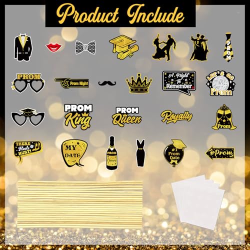 24 Pcs Prom Photo Booth Props Kit - Funny Prom Dance Party Photo Booth Props for High School or College Graduation Party Decorations Supplies Favors, Black Gold Selfie Props