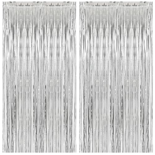 2 Pack Silver Foil Curtain Party Streamers Metallic Tinsel Foil Fringe Photo Booth Backdrop for Birthday Wedding Engagement Baby Shower Bachelorette Christmas Holiday Celebration Party Decorations - color: Silver, size: 2 Pcs