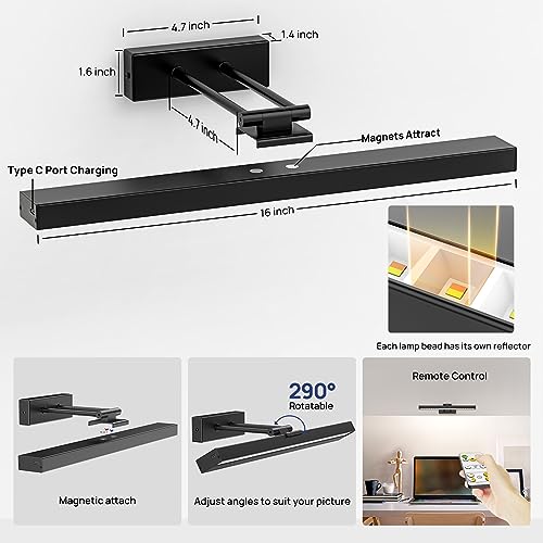 PESUTEN Picture Light Battery Operated, 16in Wireless Art Light for Paintings CCT Dimmable Recharging Battery Picture Light with Remote Control for Gallery Dartboard Art Bedroom Bathroom 2pcs Black - color: 2pcs black