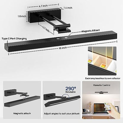PESUTEN Picture Light Battery Operated, 16in Wireless Art Light for Paintings CCT Dimmable Recharging Battery Picture Light with Remote Control for Gallery Dartboard Art Bedroom Bathroom 2pcs Black - color: 2pcs black