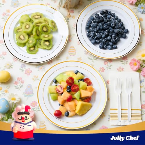 JOLLY CHEF 100 Pieces Gold Plastic Plates, 10 Inch Elegant Disposable Dinner White with Gold Rim, Disposable Plastic Plates for Christmas, Birthdays and Weddings - style: Gold-100