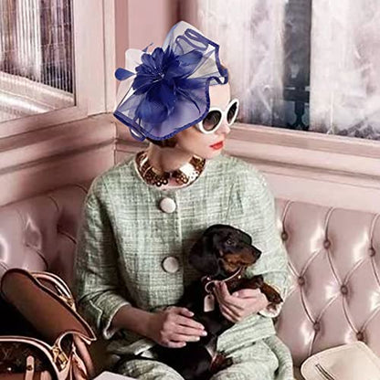 Fascinators Hats with Gloves Set for Women 20s 50s Cocktail Tea Party Wedding Costume Headwear - color: B-navy