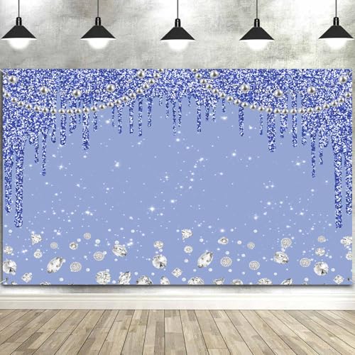 8x6FT Blue Backdrop Dripping Glitter Crystal Diamond White Pearl Photo Banner Happy Birthday Party Bridal Shower Wedding Decorations Photography Background Photo Shoot Props - color: Blue, size: 8X6FT