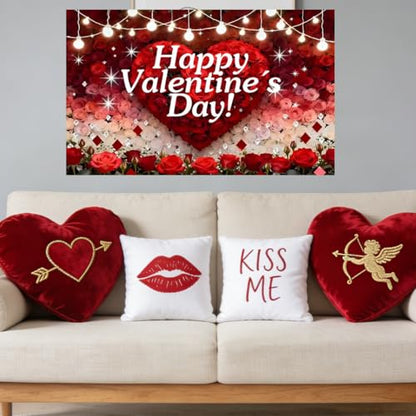 Large Happy Valentines Day Decorations Fabric Banner for Valentines Party Photo Props Sign, Wedding Anniversary Party Celebrations Indoor Outdoor
