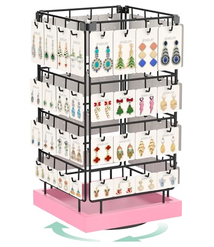EsLuker.ly Rotating Earring Display Holder Stand for Vendors Events Selling, Large Capacity 64 Hooks Jewelry Rack with Wooden Base for Earring Card Sales, Enhances Retail Display Visibility(Pink) - color: Pink+Black