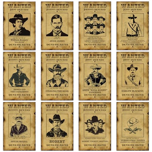 Marspark 12 Pcs Western Wanted Sign Cutouts for Cowboy Decor 8 x 12 Inch Wanted Paper Poster with Glue 12 Designs Multicolor Party Prop for Barn Dance Western Themed Banquet and Historical Reenactment - style: Western Wanted
